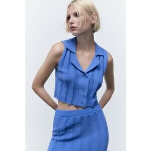 Zara Blue Blue Button Up Sleeveless V Neck Sweater Vest Polo Collar Top Sz M